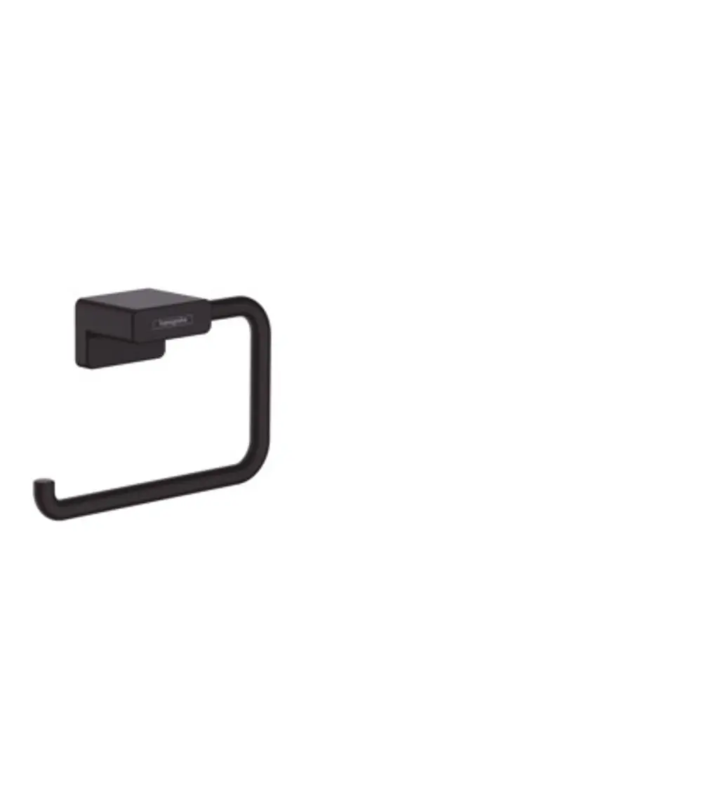 Schwarzer Toilettenpapierhalter von Hansgrohe mit geradlinigem Design, montiert an einer Wand. Der Halter hat eine rechteckige Halterung und eine offene Rolle.